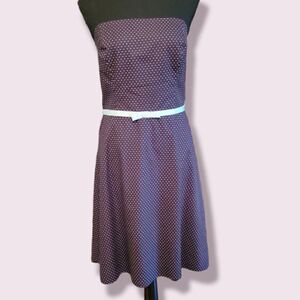 ABS Allen Schwartz Strapless Brown Dress with Baby Blue Polkadots | Size 8